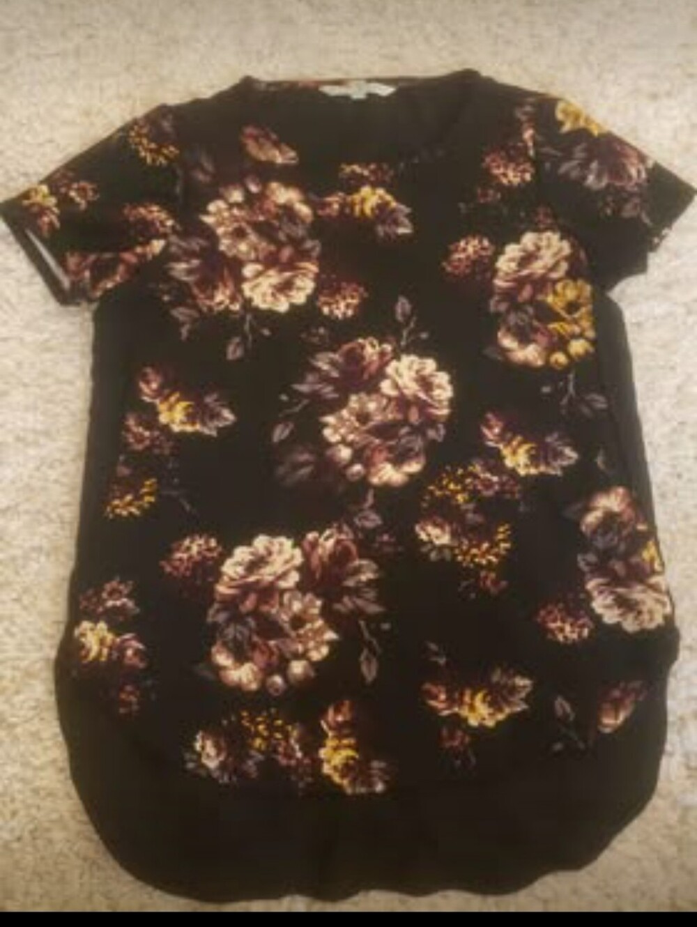 Chloe Black Short-Sleeve Floral Tee with Burgundy & Yellow Blooms